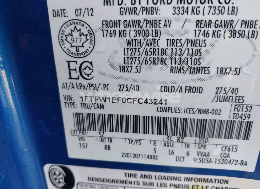 Photo 9 of 2012 Ford F-150 FX4 (VIN 1FTFW1EF0CFC43241)