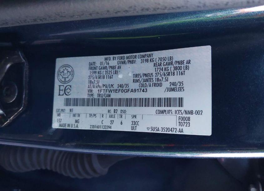 Photo 9 of 2016 Ford F-150 XLT (VIN 1FTFW1EF0GFA91743)