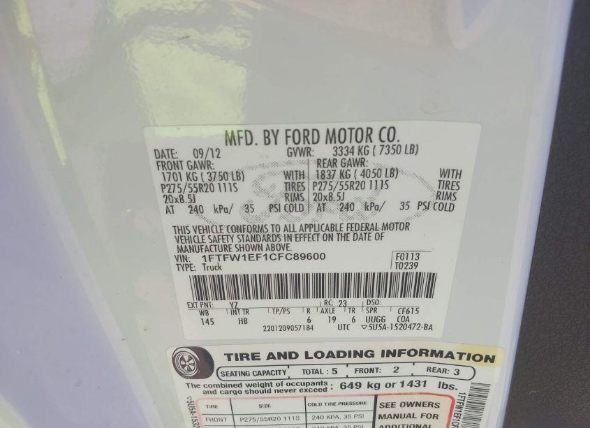 Photo 9 of 2012 Ford F-150 LARIAT (VIN 1FTFW1EF1CFC89600)