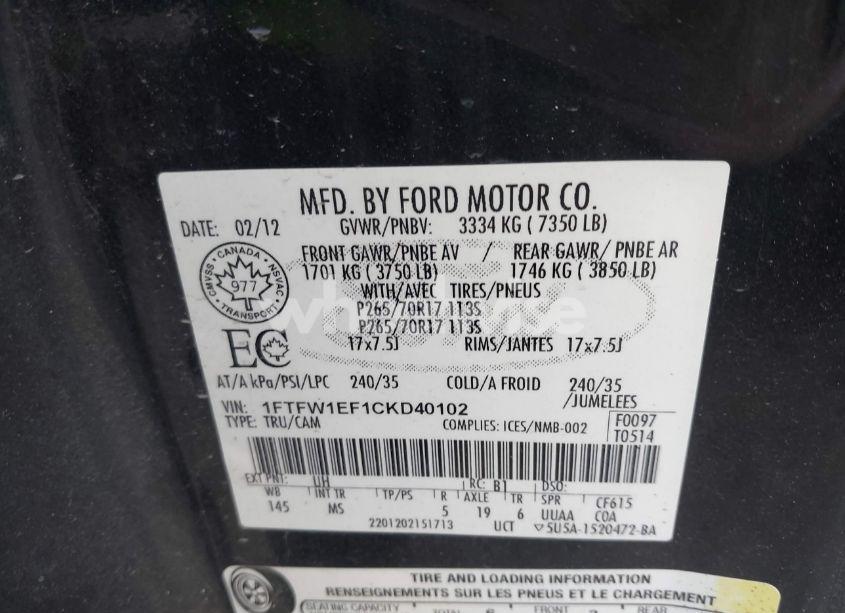 Photo 9 of 2012 Ford F-150 XLT (VIN 1FTFW1EF1CKD40102)