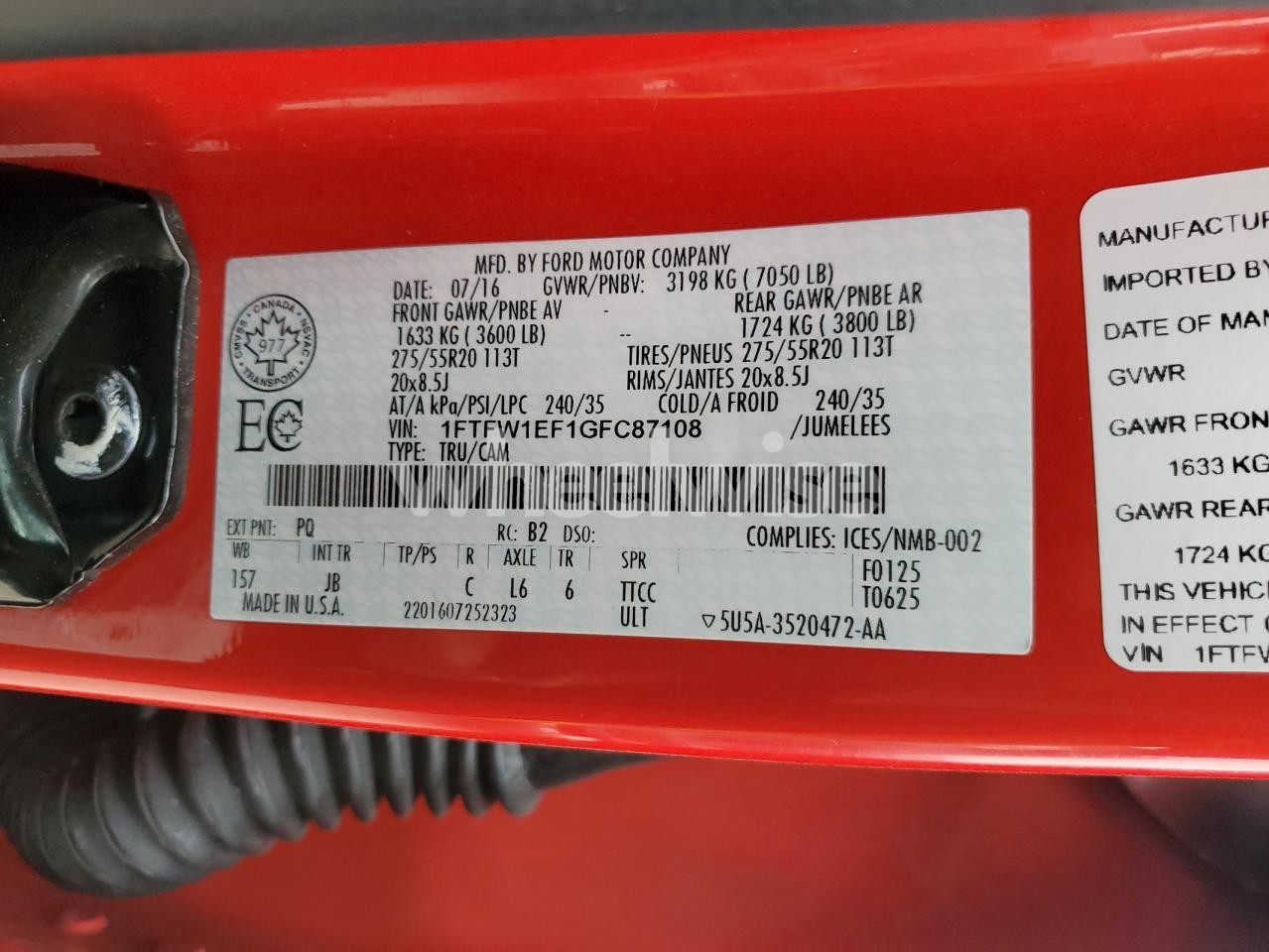 Photo 12 of 2016 FORD F150 SUPERCREW (VIN 1FTFW1EF1GFC87108)