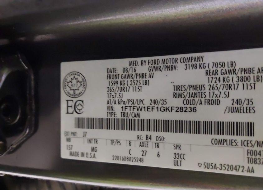 Photo 9 of 2016 Ford F-150 XLT (VIN 1FTFW1EF1GKF28236)