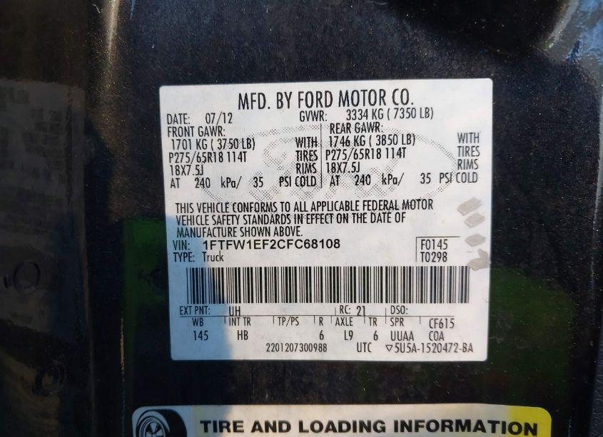 Photo 9 of 2012 Ford F-150 LARIAT (VIN 1FTFW1EF2CFC68108)