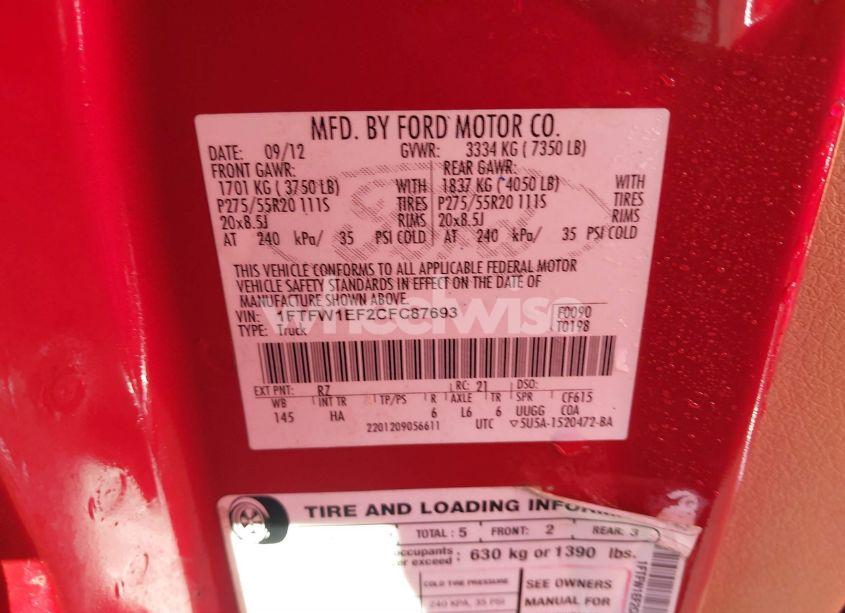 Photo 9 of 2012 Ford F-150 LARIAT (VIN 1FTFW1EF2CFC87693)