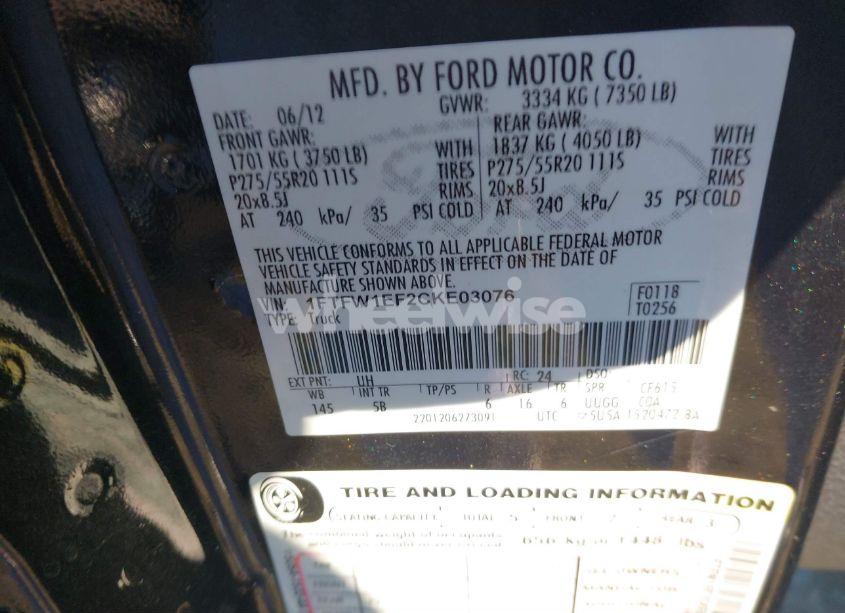 Photo 9 of 2012 Ford F-150 FX4 (VIN 1FTFW1EF2CKE03076)