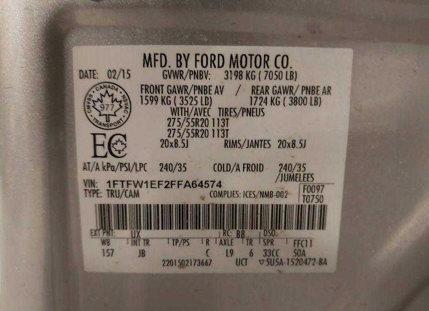 Photo 9 of 2015 Ford F-150 XLT (VIN 1FTFW1EF2FFA64574)