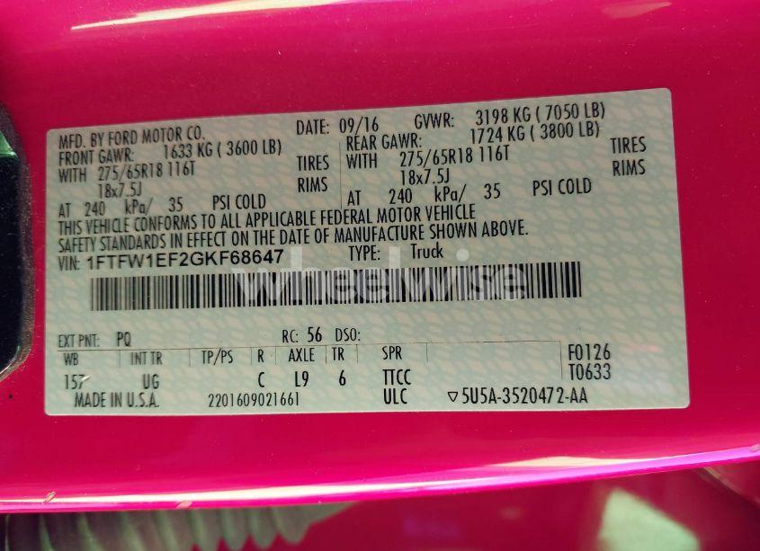 Photo 9 of 2016 Ford F-150 XLT (VIN 1FTFW1EF2GKF68647)