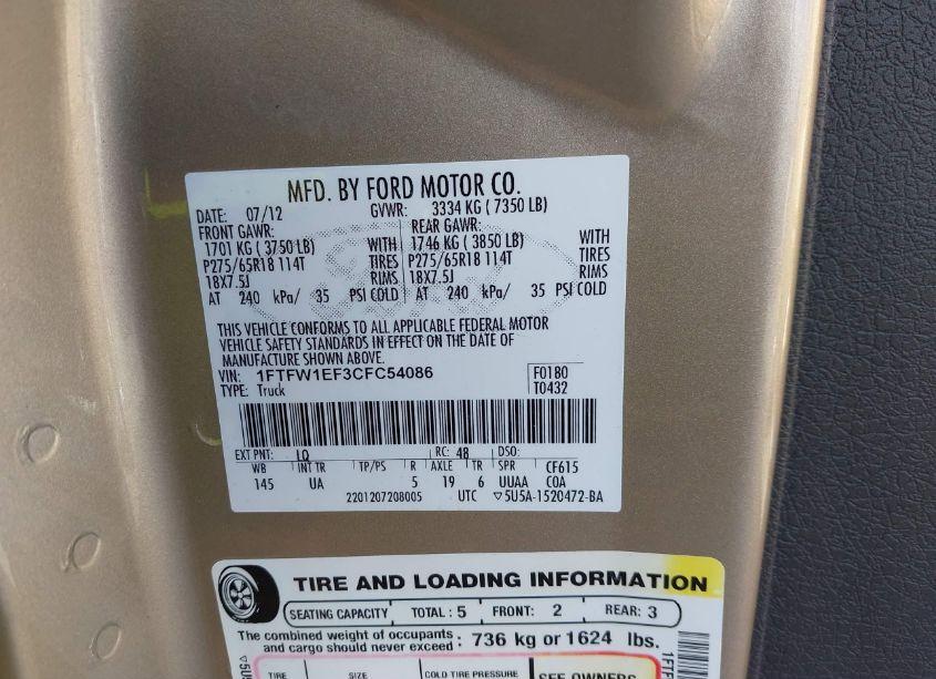 Photo 9 of 2012 Ford F-150 XLT (VIN 1FTFW1EF3CFC54086)