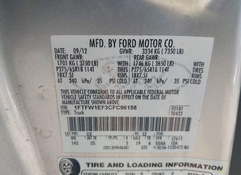 Photo 9 of 2012 Ford F-150 XLT (VIN 1FTFW1EF3CFC96158)