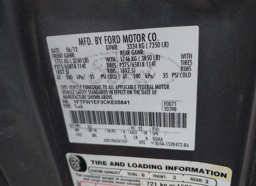 Photo 9 of 2012 Ford F-150 XLT (VIN 1FTFW1EF3CKE05841)