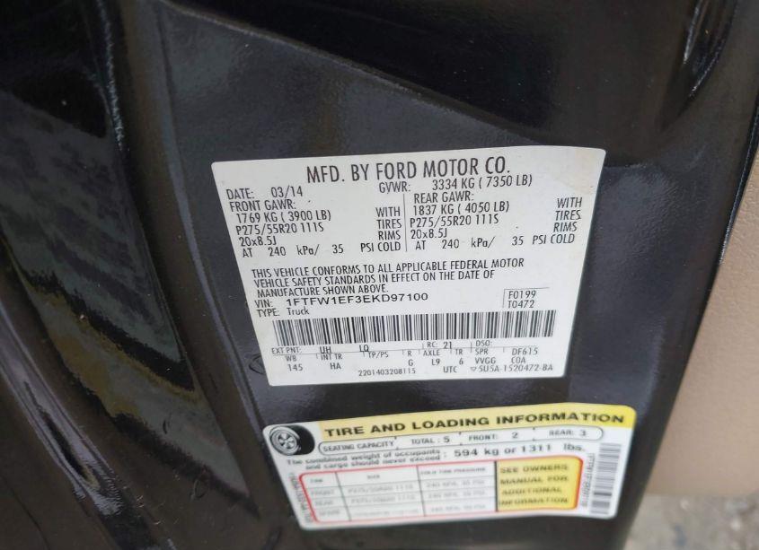 Photo 9 of 2014 Ford F-150 LARIAT (VIN 1FTFW1EF3EKD97100)