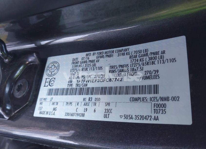 Photo 9 of 2016 Ford F-150 XLT (VIN 1FTFW1EF3GFC87742)