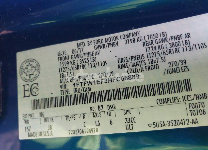 Photo 9 of 2017 Ford F-150 XLT (VIN 1FTFW1EF3HFC66889)