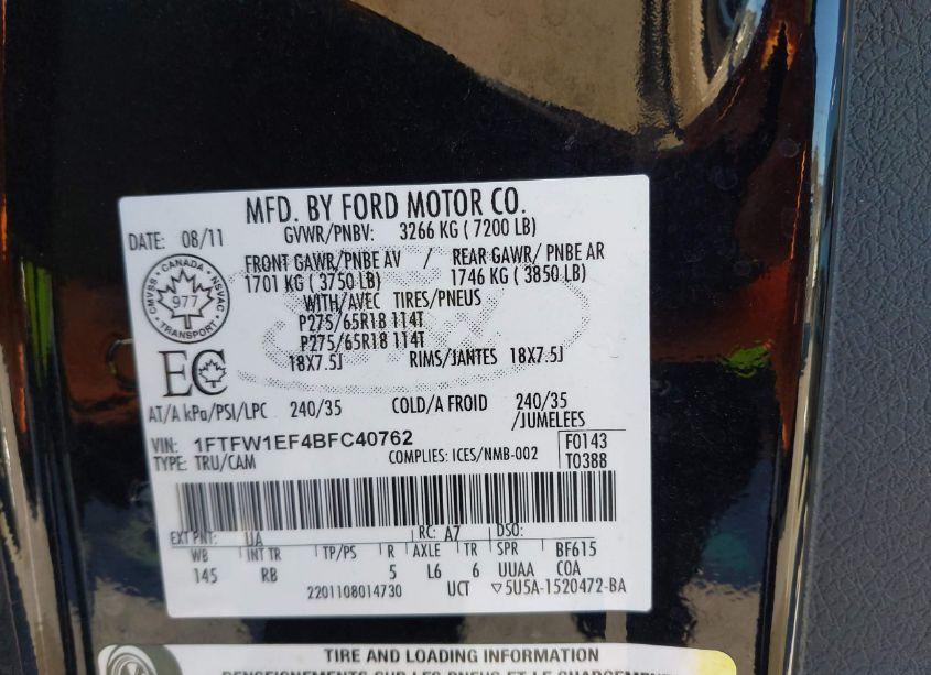 Photo 9 of 2011 Ford F-150 FX4 (VIN 1FTFW1EF4BFC40762)