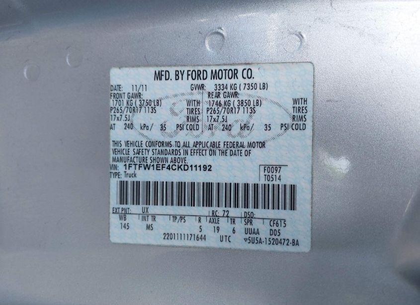 Photo 9 of 2012 Ford F-150 XLT (VIN 1FTFW1EF4CKD11192)