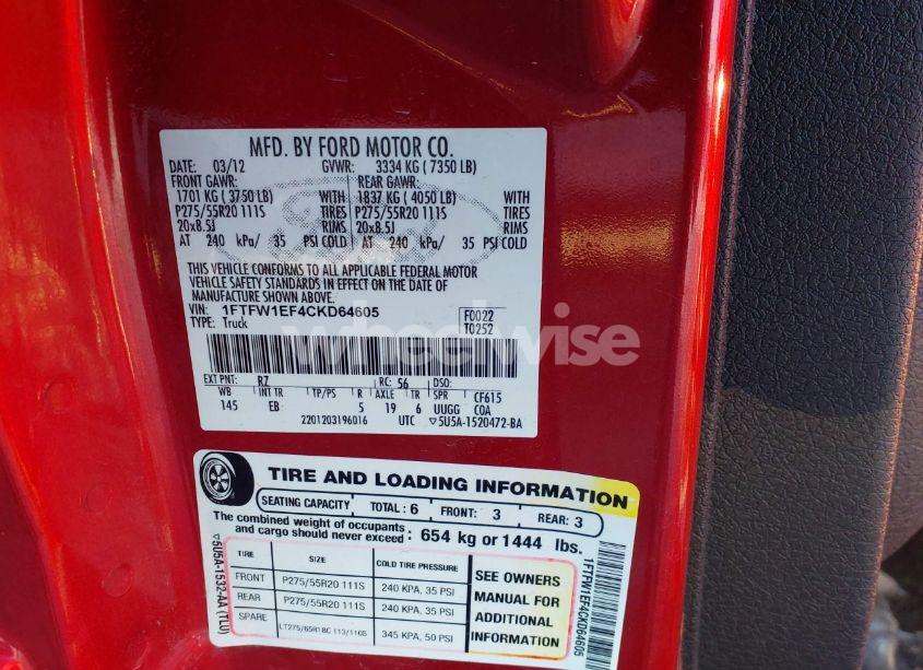 Photo 9 of 2012 Ford F-150 LARIAT (VIN 1FTFW1EF4CKD64605)