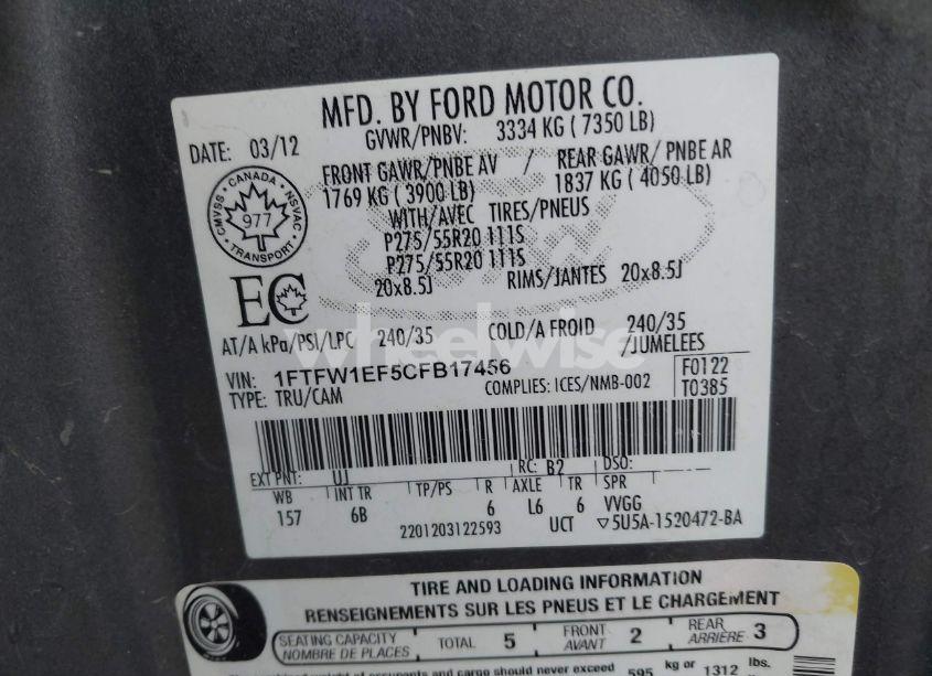 Photo 9 of 2012 Ford F-150 FX4 (VIN 1FTFW1EF5CFB17456)