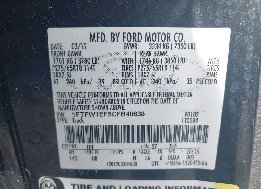 Photo 9 of 2012 Ford F-150 LARIAT (VIN 1FTFW1EF5CFB40638)