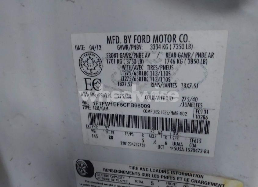 Photo 9 of 2012 Ford F-150 FX4 (VIN 1FTFW1EF5CFB66009)