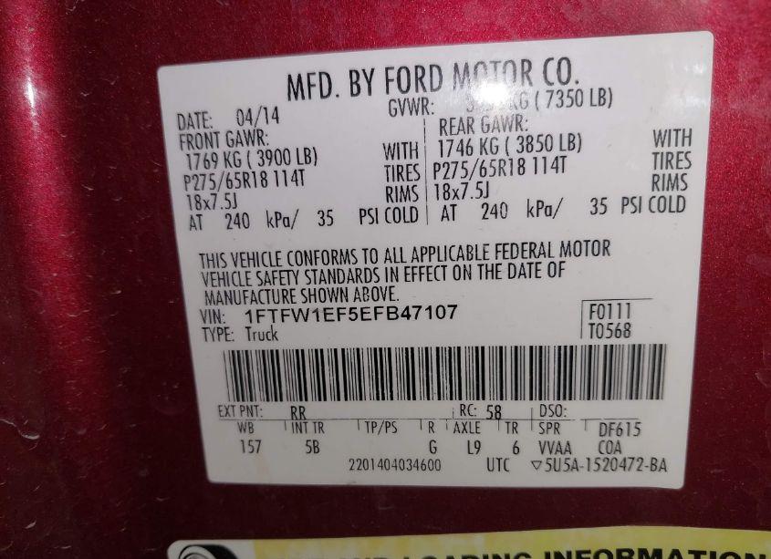 Photo 9 of 2014 Ford F-150 FX4 (VIN 1FTFW1EF5EFB47107)