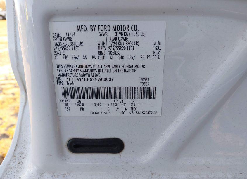 Photo 9 of 2015 Ford F-150 LARIAT (VIN 1FTFW1EF5FFA06037)