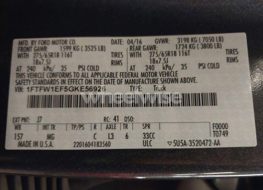 Photo 9 of 2016 Ford F-150 XLT (VIN 1FTFW1EF5GKE56926)