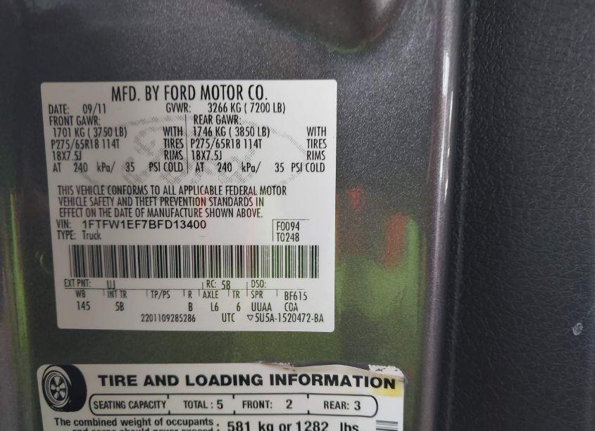 Photo 9 of 2011 Ford F-150 FX4 (VIN 1FTFW1EF7BFD13400)