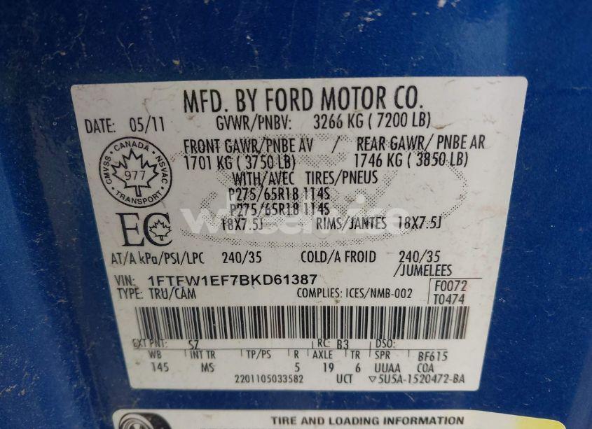 Photo 9 of 2011 Ford F-150 XLT (VIN 1FTFW1EF7BKD61387)