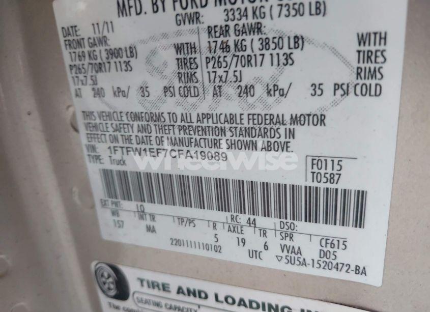 Photo 9 of 2012 Ford F-150 XLT (VIN 1FTFW1EF7CFA19089)