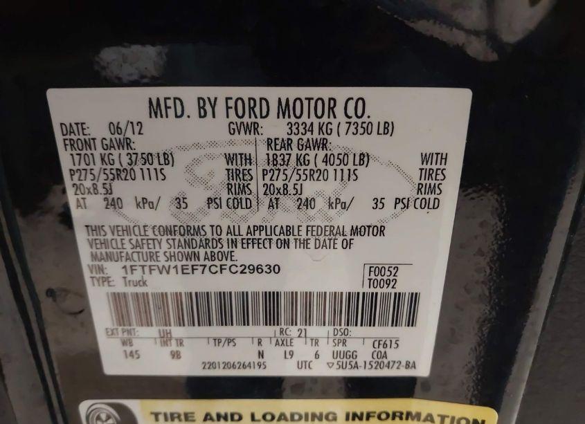 Photo 9 of 2012 Ford F-150 PLATINUM (VIN 1FTFW1EF7CFC29630)