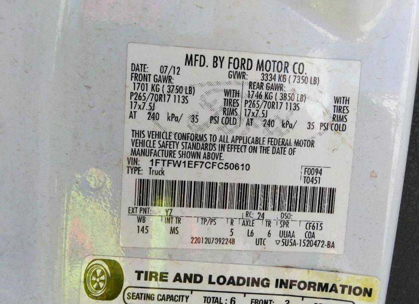 Photo 9 of 2012 Ford F-150 XLT (VIN 1FTFW1EF7CFC50610)