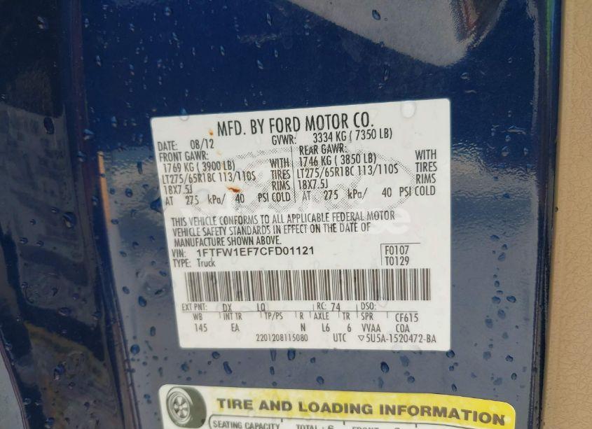 Photo 9 of 2012 Ford F-150 LARIAT (VIN 1FTFW1EF7CFD01121)