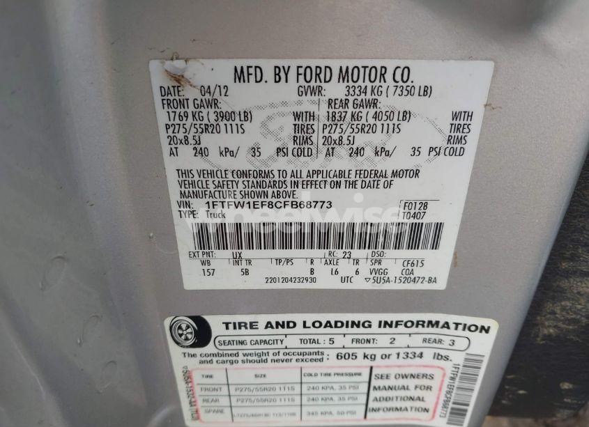 Photo 9 of 2012 Ford F-150 FX4 (VIN 1FTFW1EF8CFB68773)