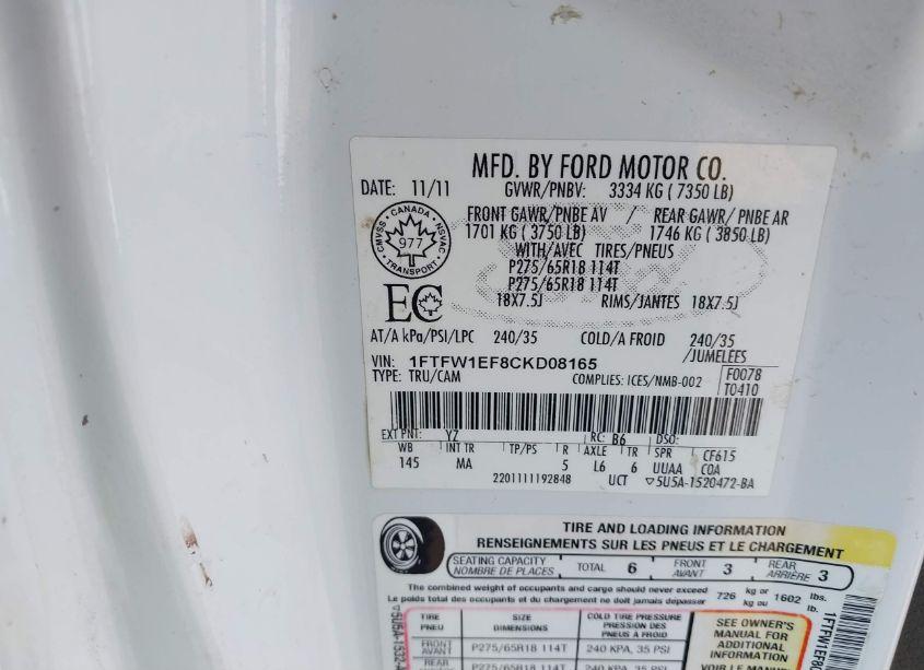 Photo 9 of 2012 Ford F-150 XLT (VIN 1FTFW1EF8CKD08165)