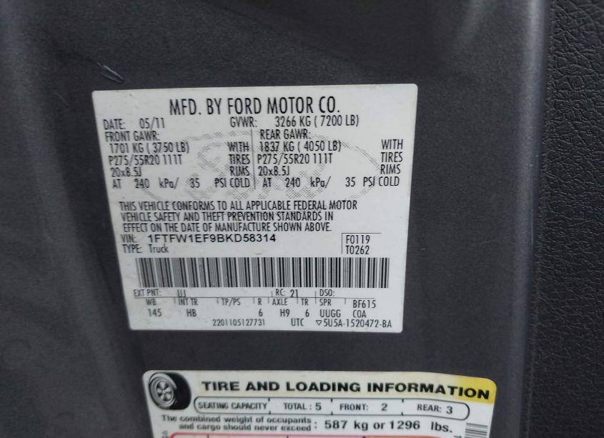 Photo 9 of 2011 Ford F-150 LARIAT (VIN 1FTFW1EF9BKD58314)