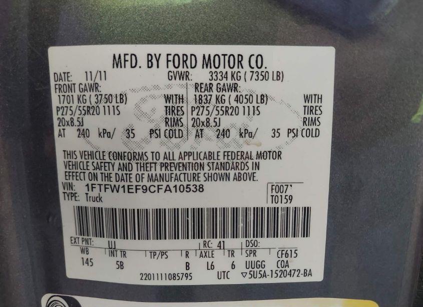 Photo 9 of 2012 Ford F-150 FX4 (VIN 1FTFW1EF9CFA10538)