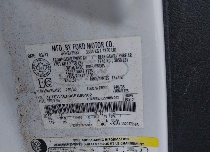 Photo 9 of 2012 Ford F-150 XLT (VIN 1FTFW1EF9CFA90102)