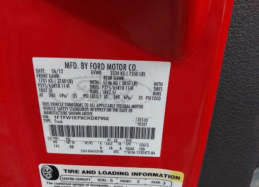 Photo 9 of 2012 Ford F-150 FX4 (VIN 1FTFW1EF9CKD87992)