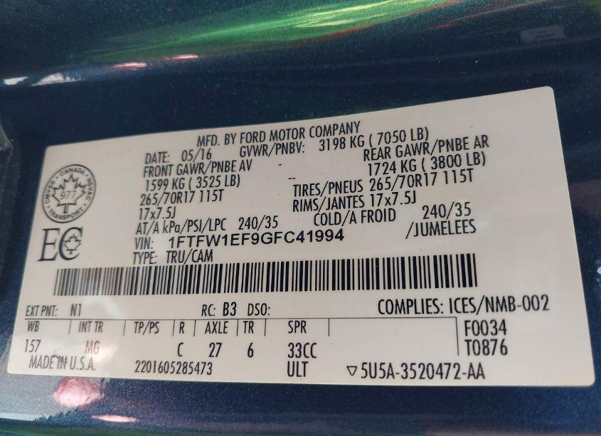 Photo 9 of 2016 Ford F-150 XLT (VIN 1FTFW1EF9GFC41994)