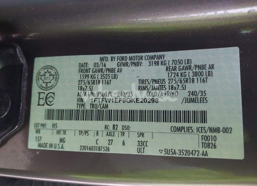 Photo 9 of 2016 Ford F-150 XLT (VIN 1FTFW1EF9GKE20298)