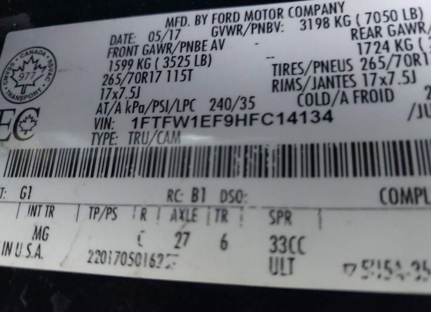 Photo 9 of 2017 Ford F-150 XLT (VIN 1FTFW1EF9HFC14134)