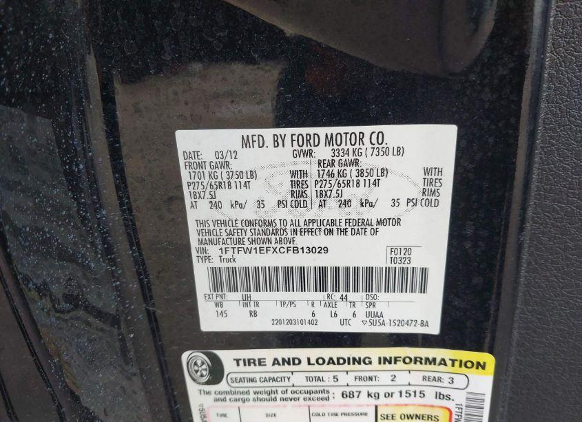 Photo 9 of 2012 Ford F-150 FX4 (VIN 1FTFW1EFXCFB13029)