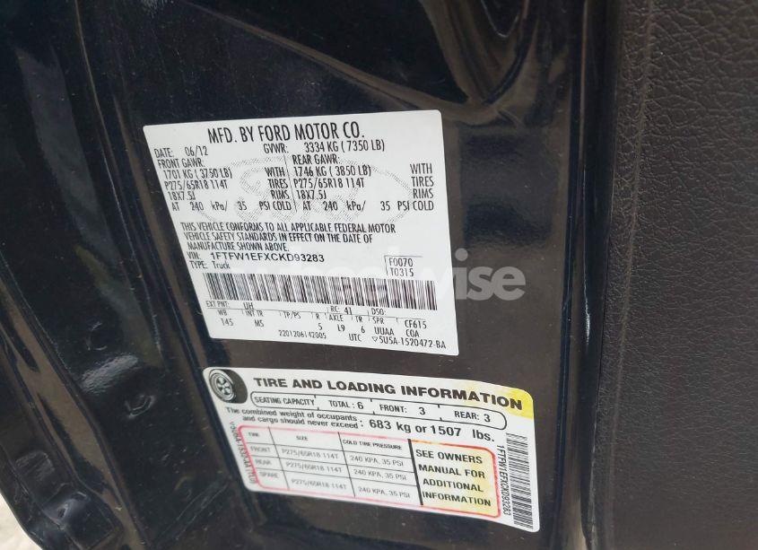 Photo 9 of 2012 Ford F-150 XLT (VIN 1FTFW1EFXCKD93283)