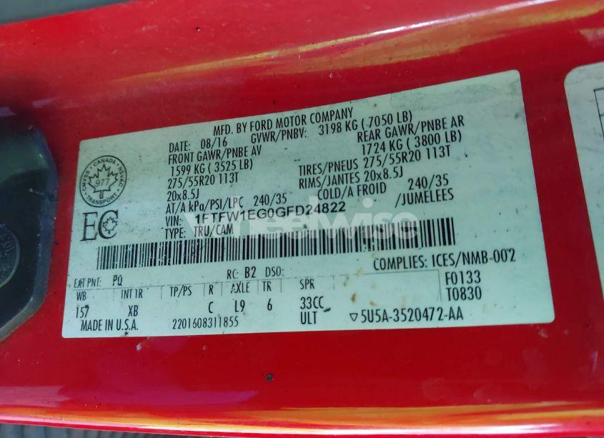 Photo 9 of 2016 Ford F-150 XLT (VIN 1FTFW1EG0GFD24822)