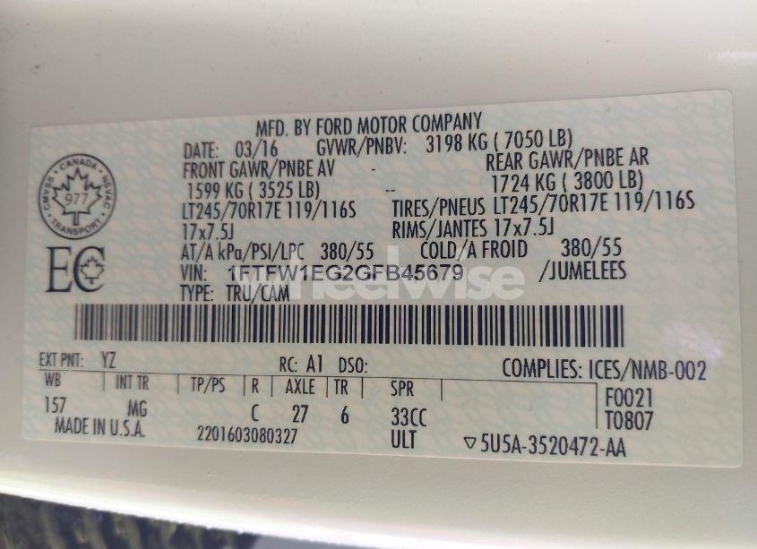 Photo 9 of 2016 Ford F-150 XLT (VIN 1FTFW1EG2GFB45679)