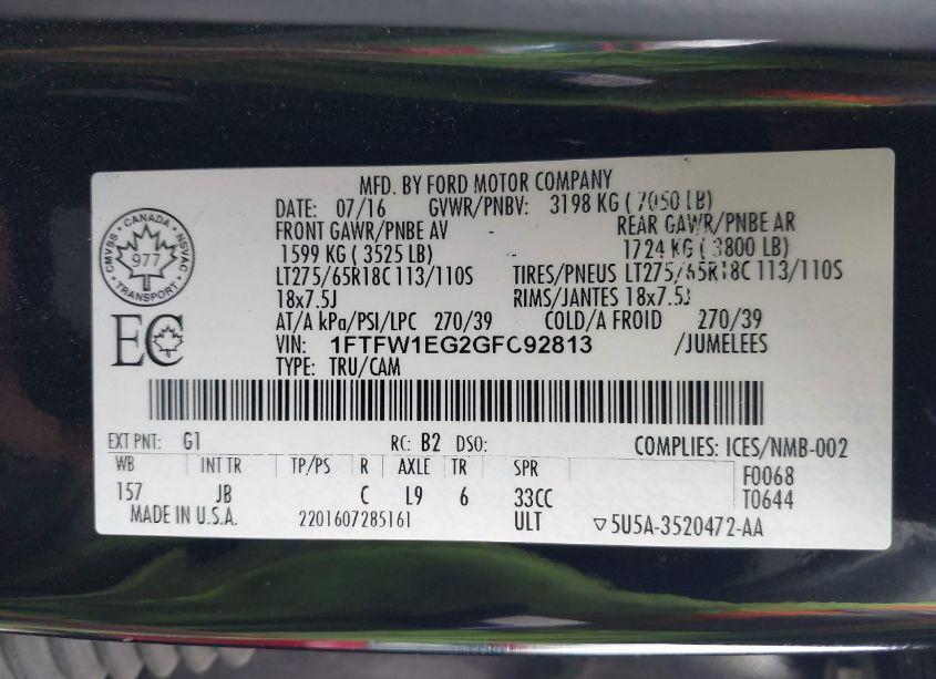 Photo 9 of 2016 Ford F-150 XLT (VIN 1FTFW1EG2GFC92813)