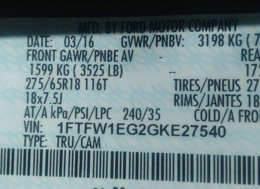 Photo 9 of 2016 Ford F-150 LARIAT (VIN 1FTFW1EG2GKE27540)