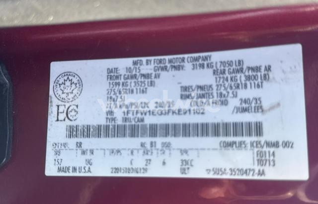 Photo 2 of 2015 FORD F150 SUPERCREW (VIN 1FTFW1EG3FKE91102)