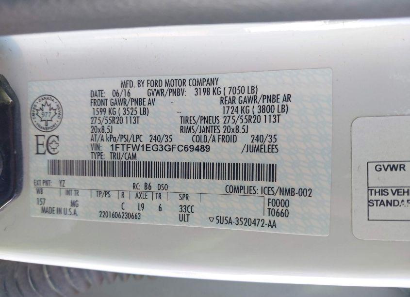 Photo 9 of 2016 Ford F-150 XLT (VIN 1FTFW1EG3GFC69489)