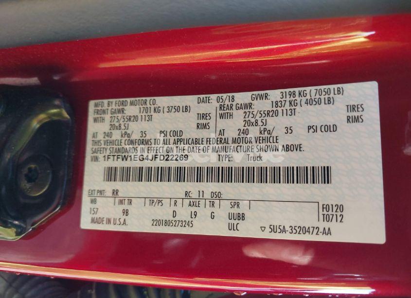 Photo 9 of 2018 Ford F-150 PLATINUM (VIN 1FTFW1EG4JFD22269)